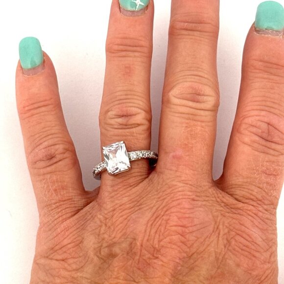 Princess Cut Sterling Silver 925 Engagement Ring with CZ & Pave Band Size 10 - Picture 4 of 9